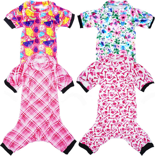 PET SHOW 4 Pack Small Dog Pajamas Cute Paw Bone Clothes for Medium Dogs Soft Stretchy PJs Plaid Jumpsuit Puppy Cats Floral Fruits Onesies Outfits with Sleeve Pets Dachshund Costume(L, Pink for Girls)