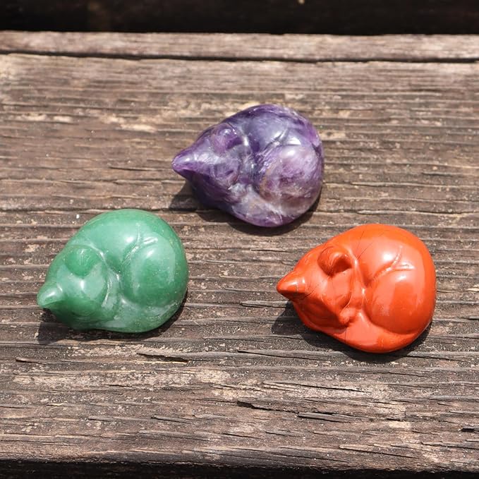 Crystal Cat Figurine, Mix 6PCS Sleeping Kitty Cat Collectibles Lucky Cat Statues, Stone Carving Cat, Black Obsidian Polished Crystal Cat Decoration Animal Figurines 1.5"