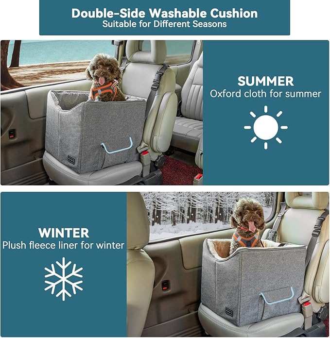 Petsfit Small Dog Car Seat, Pet Travel Car Booster Seat with Safety Belt, Washable Double-Sided Cushion and Storage Pocket for Small Pet (Small, Light Grey)
