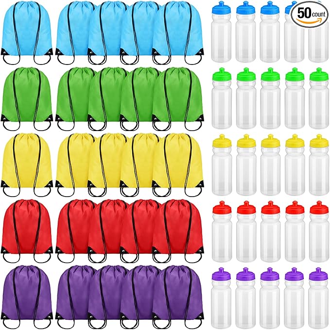 Mifoci 20 oz Plastic Water Bottles Bulk and Drawstring Backpack Set Reusable Sport Water Bottles Lightweight Clear Water Bottle Cinch Gym Drawstring Bags for Adult Kids Fitness DIY