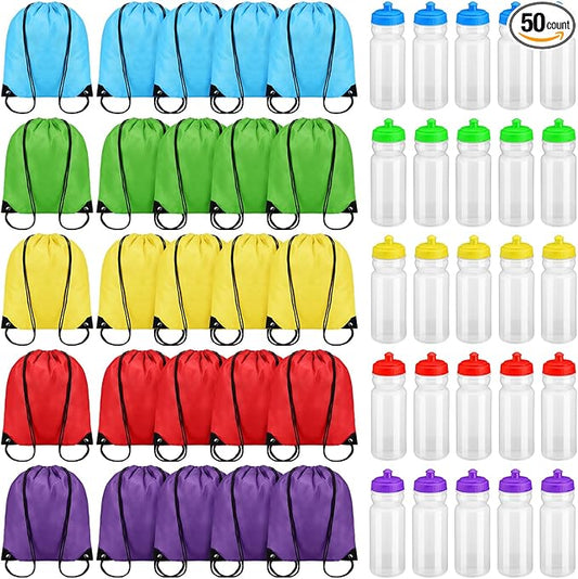 Mifoci 20 oz Plastic Water Bottles Bulk and Drawstring Backpack Set Reusable Sport Water Bottles Lightweight Clear Water Bottle Cinch Gym Drawstring Bags for Adult Kids Fitness DIY