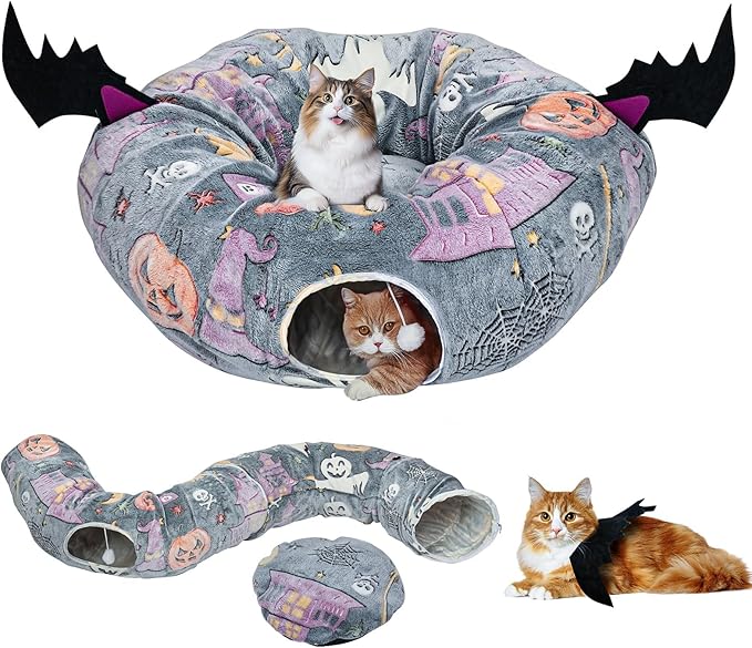 Tidjani Halloween Cat Tunnel Bed, Cat Tunnels for Indoor Cats with Bat Wings, Foldable Pet Donut Bed with Middle Mat and Dangling Balls, Pet Play Toy with Ghost, Spider Web Pattern Decorations
