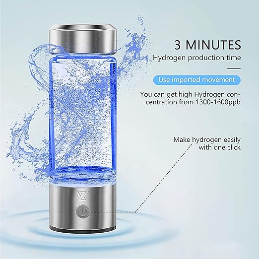 Hydrogen Water Bottle, Type C Rechargeable Hydrogen Rich Water Generator with SPE and PEM Technology, Portable Hydrogen Glass Water Ionizer Machine for Home Office Travel and Fitness Daily Drinking