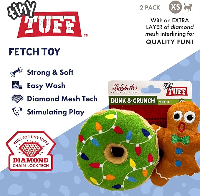 Huxley & Kent Tiny Tuff | Dunk & Crunch | Christmas Holiday Extra Tough Dog Toy for Small Dogs | 2-Pack Funny Dog Toy | Features Squeaker, Crinkle | Machine Washable