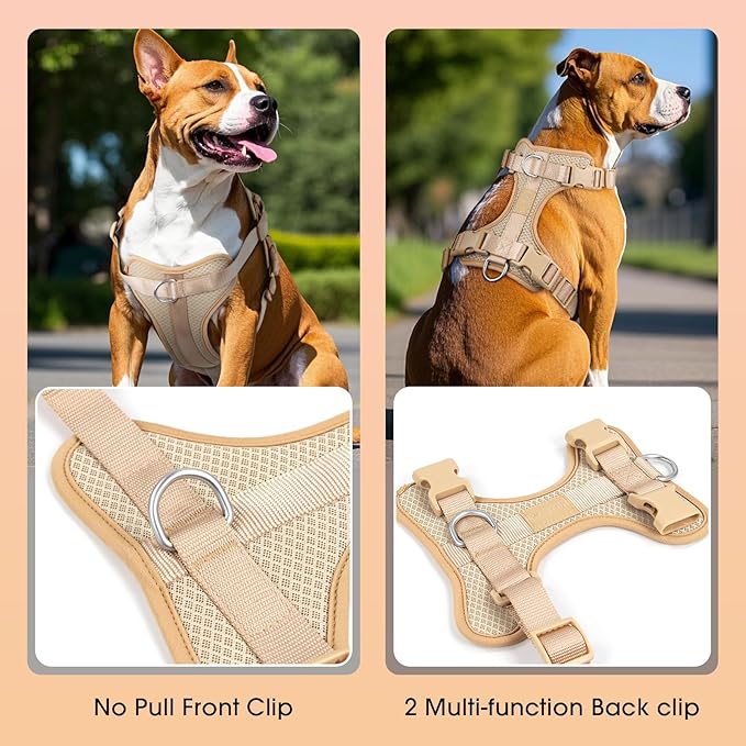 Wisedog Mesh Breathable Dog Harness: No Pull Harness with 3 Fast-Release Buckles Adjustable for Walking & Training for Small Medium Large Dogs (Sand Color, M: Neck=17"-22"/Chest=15"-28")