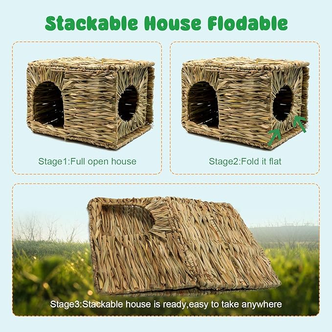 BWOGUE Extra Large Grass House for Rabbits,Hand Crafted Natural Grass Hideaway Foldable Bed Hut with Openings Playhouse for Bunny Guinea Pig Chinchilla Ferret for Play and Sleep(2 Pack)