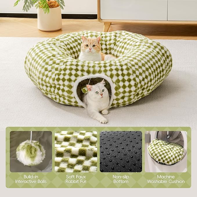 MEWOOFUN Cat Tunnels for Indoor Cats, Cute Tunnel Bed, Donut Tunnel with Washable Cushion, Round Peekaboo Cave for Play & Rest, Cat Toy for Kittens, Puppies & Rabbits, Green
