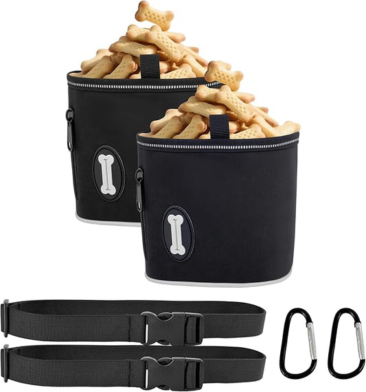 Dog Treat Pouch with Magnetic Closure, 3 Wear Ways, Side Zipper for Poop Bag Dispenser, Large Treat Bag with Reflective Strip for Training, Travel and Night Walking (Black-2 Pack)