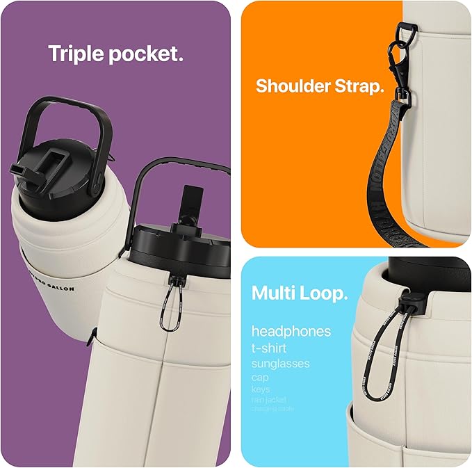 Hydro Gallon® Nomad - Insulated 64oz Half Gallon Water Bottle Jug with Sleeve, Straw Lid, Handle, Strap, Pockets. Large Stainless Steel Metal Gym Thermos. Wide mouth, Leakproof, BPA free. 62oz (Beige)