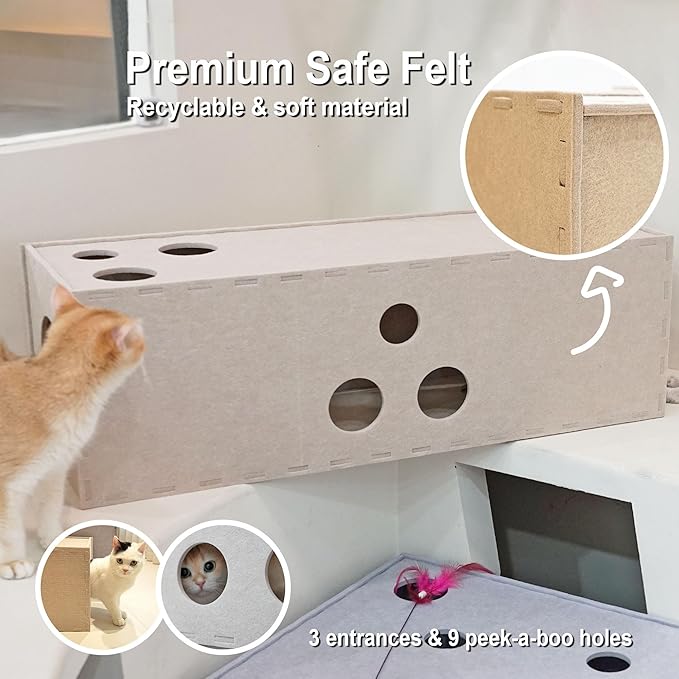 Cat Tunnel, Cat Hideaway Tunnels for Indoor Cats, Soft Felt Toy with Interactive Peek Hole, Cat Cave and Cube for Small Medium Large Cats