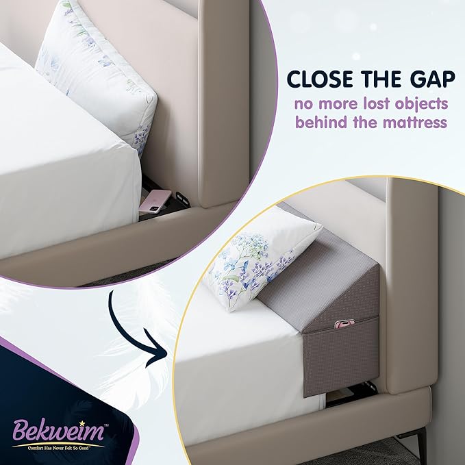 Wedge Pillow Headboard Bed Gap Filler Full - Headboard Pillow Full Size 54 X 10 X 6 - Long Pillow for Bed Wedge Gap Filler with Large Pocket for Bed Accessories - Mattress Gap Filler (Grey)