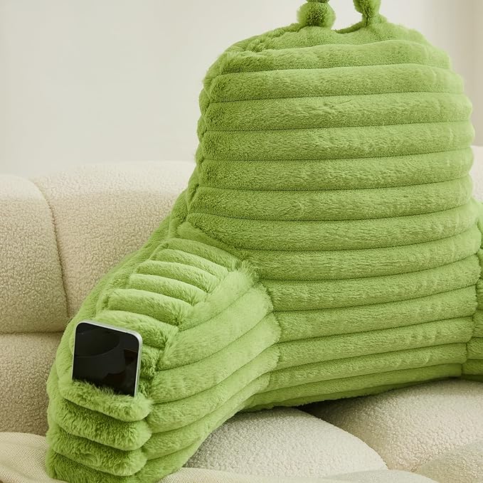 WERDIM Reading Pillow for Sitting in Bed, Faux Fur Back Pillow for Bed Rest, Bed Chair Pillow with Arms and Pockets(Large, Apple Green)