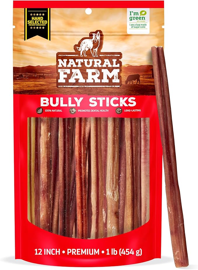 Natural Farm Odor-Free Select Bully Sticks, (12-Inch, 1-Pound), Hand Selected for Consistent Thickness, 100% Beef Pizzle Dog Chews, Fully Digestible, High Protein, Best Dental Treats