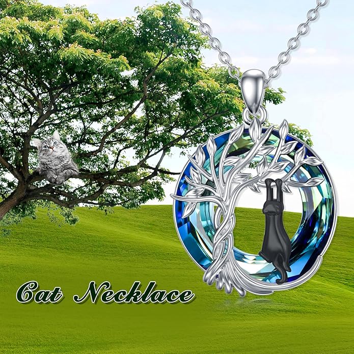 TOUPOP Cat Gifts for Cat Lovers Sterling Silver Cute Cat Tree of Life Pendant Necklace with Blue Circle Crystal Birthday Christmas Jewelry Gifts for Women