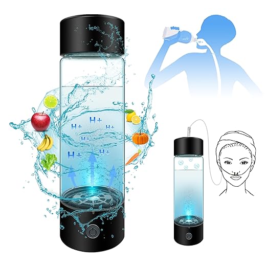 Hydrogen Water Bottle, 2024 Portable Hydrogen Water Bottle Generator with Inhaler Adapter, Rechargeable Hydrogen Rich Water hydrogenator Glass Health Cup for Home Office, 420ML(Black)