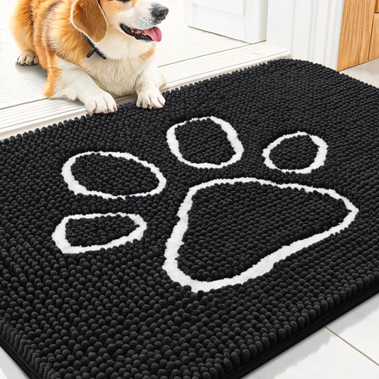Smiry Dog Door Mat for Muddy Paws, Absorbent Dirt Trapper Non Slip Quick Dry Washable Chenille Mat for Mud Dogs, Entry Rug for Indoor and Outdoor (30x20 Inches, Black)