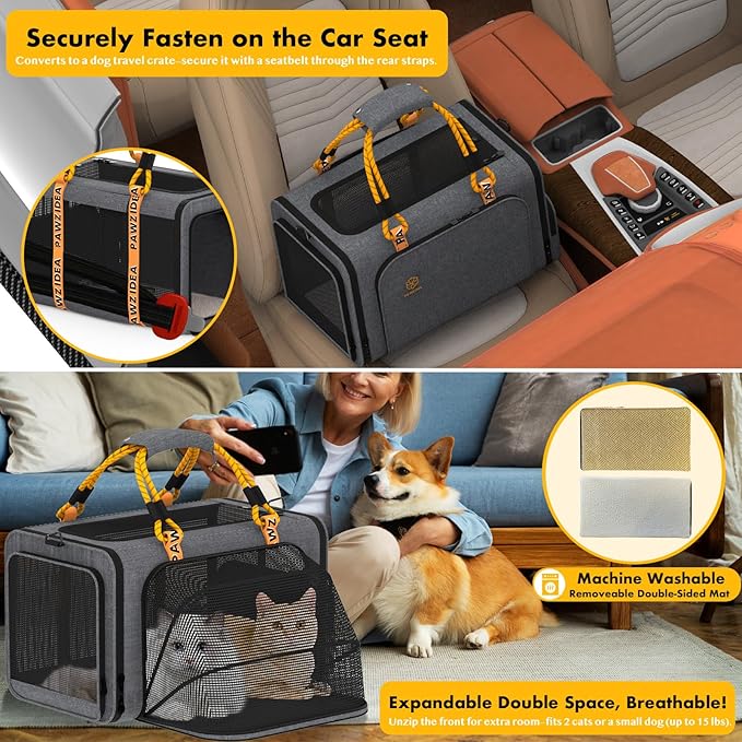 PAWZIDEA Pet Carrier with Wheels, 18x11x11 TSA Airline Approved Cat Carrier for 2 Cats Under Seat, Expandable Soft-Sided Dog Carrier for Small Dogs Rolling Travel Bag with Telescopic Handle, ID Card