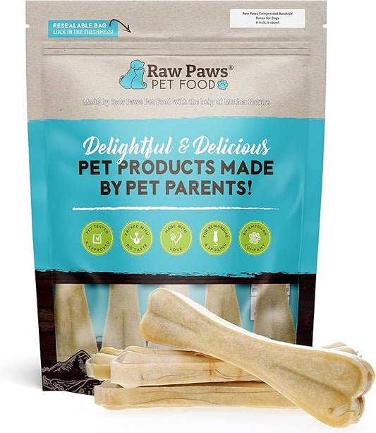 Raw Paws Compressed Rawhide Bones for Dogs, 8-inch, 5-Count - Packed in USA - Long Lasting Dog Chews - Natural Pressed Rawhides - Rawhide for Large Dogs - Bones for Aggressive Chewers