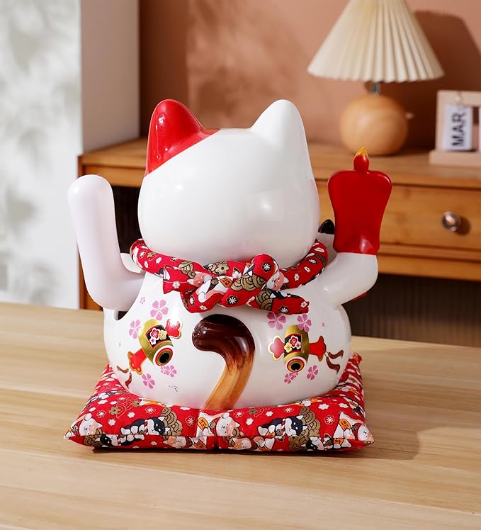Large Ceramic Maneki Neko Beckoning Lucky Money Cat Waving Arm Good Feng Shui Fortune Happy Smiling Cat Figure 特大招財貓- 生意兴隆