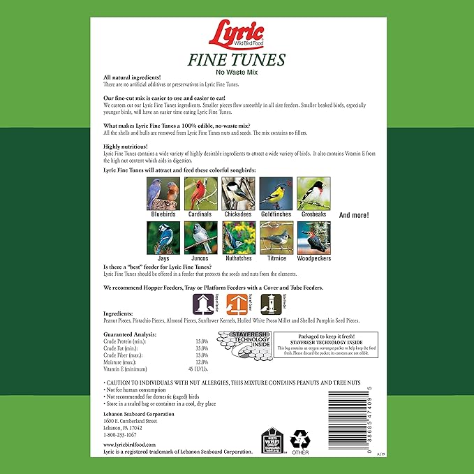 Lyric Fine Tunes Wild Bird Seed - No Waste Bird Food Mix - Attracts Bluebirds, Finches, Chickadees & More - 15 lb. Bag
