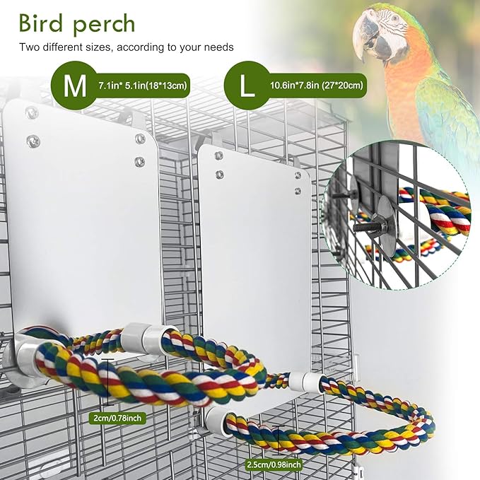 BWOGUE Large Stainless Steel Bird Mirror with Rope Perch Cockatiel Mirror for Cage Bird Toys Swing Parrot Cage Toys for Parakeet Cockatoo Cockatiel Conure Lovebirds Finch Canaries (10.6 Inch)