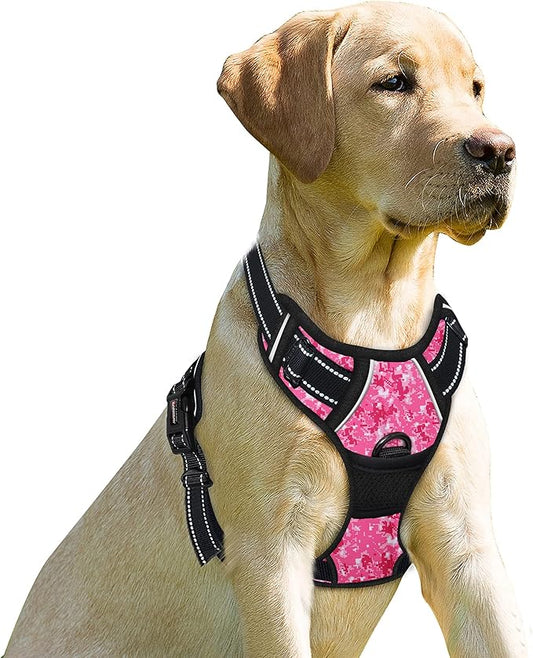 BARKBAY No Pull Dog Harness Front Clip Heavy Duty Reflective Easy Control Handle for Large Dog Walking(Pink camo,XL)
