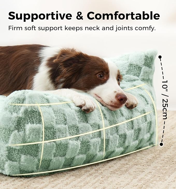 MADE 4 PETS Cat Beds for Indoor Cats, Cat Couch Bed, Soft Faux Fur Checkered Pet Sofa, Calming Fluffy Kitten Sofa with Supportive Foam, Removable Washable Cover with Non-Slip Base, Green, Small