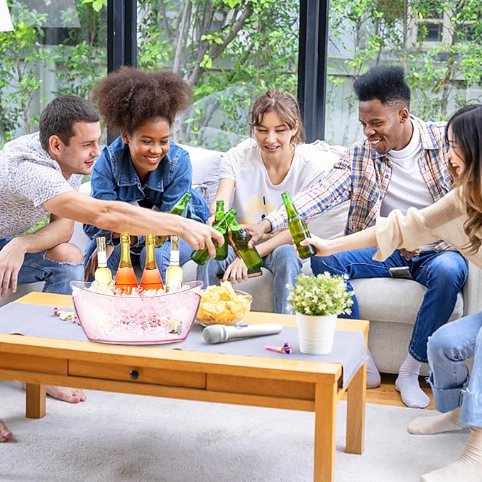 Ice Buckets for Parties, 2 PCS Acrylic Champagne Beverage with 2 Ice Bucket Scoop, Drinks Buckets Tub for Cocktail Bar, Long and Narrow 5.5 Liter Bucket for Party(5.5L) (Pink)