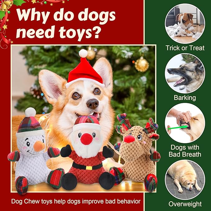 Squeaky Dog Toys, 3 Pack Dog Chew Toys with Crinkle Paper for Puppy, Small, Medium, Large Dogs, Interactive Pet Holiday Toys for Training and Reducing Boredom