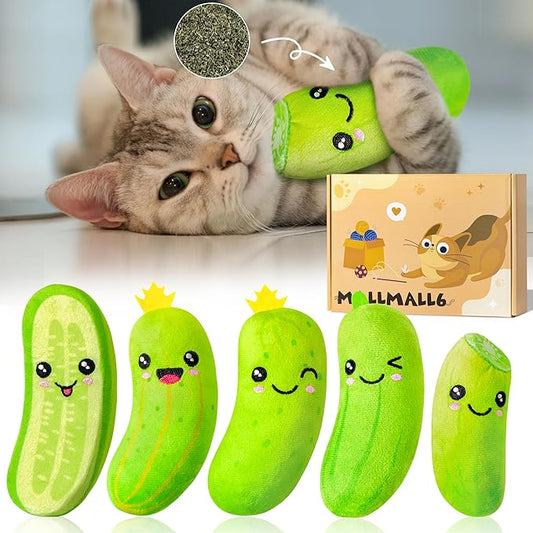 MALLMALL6 Pickle Catnip Cat Toys - 5Pcs Indoor Kitten Chew Bite Kick Cucumber Catmint Interactive Toys for Cat Lover Gifts, Kitty Boredom Relief Supplies with Cute Expression for Pet Birthday Presents