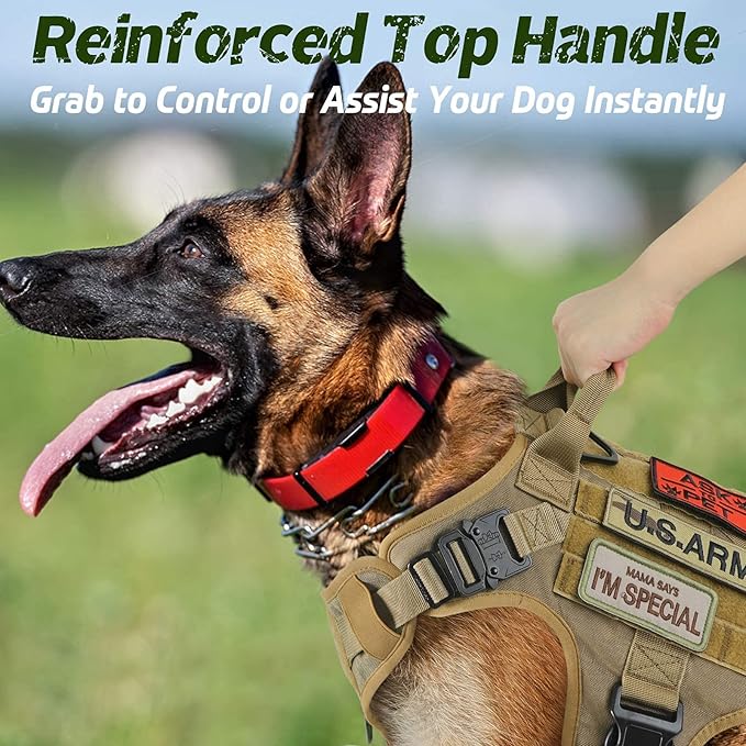 rabbitgoo Tactical Dog Harness Medium Sized, Heavy Duty Pet Harness with Handle, No-Pull Service Vest Medium Breed, Adjustable Military Dog Vest for Training Hunting Walking, Brown, M