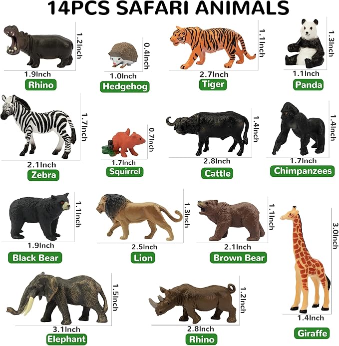 Toymany 14PCS 1-2" Tiny Jungle Animal Figures Toy, Realistic Mini Jungle Zoo Animal Figurines Cake Topper Toy Set, Easter Egg Christmas Birthday Gift Party Favor School Project for Kids Toddlers