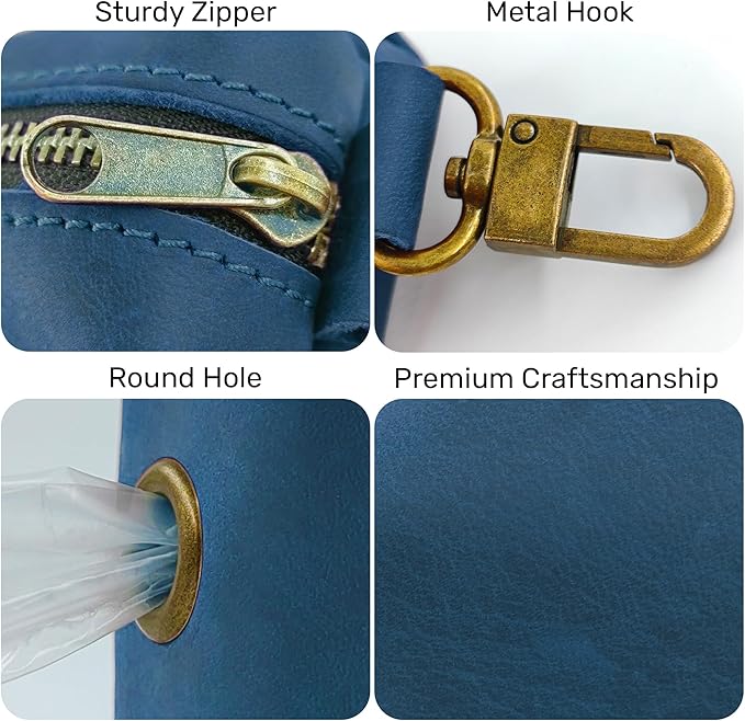 HIFA Genuine Leather Dog Leash Poop Holder - Soft Touch Rustic Leather, Metal Clips, Easy Access to Pet Waste Bags - Outdoor Walking Dispenser