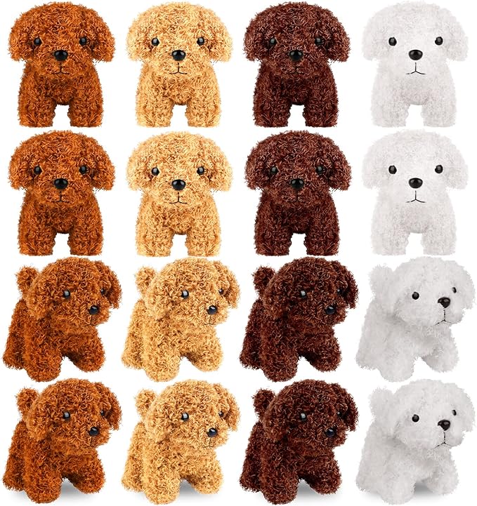 Elcoho 16 Pieces 4 Inches Mini Plush Dogs Stuffed Puppy Dog with Keychain Cute Stuffed Animal Toy Soft Toys Party Favor for Goodie Bag Birthday Party Gifts, 4 Colors (Curly Puppy)