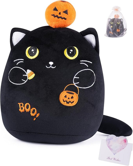 Christmas Eve Stuffed Cat Pumpkin Black Cat Plush Toy with Pumpkin, Cute Halloween Decor, Kids' Pillow, Gifts for Girls Boys, 10 Inch