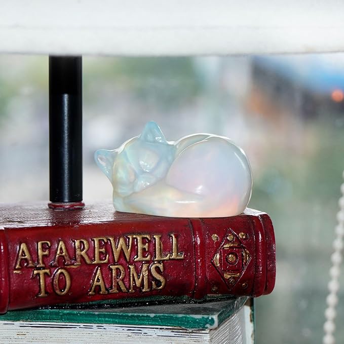 OwMell Tiny Sleeping Cat Statue Hand-Carved Healing Stone Gemstone Little Kitten Statue Figurine 2" - Opal Small