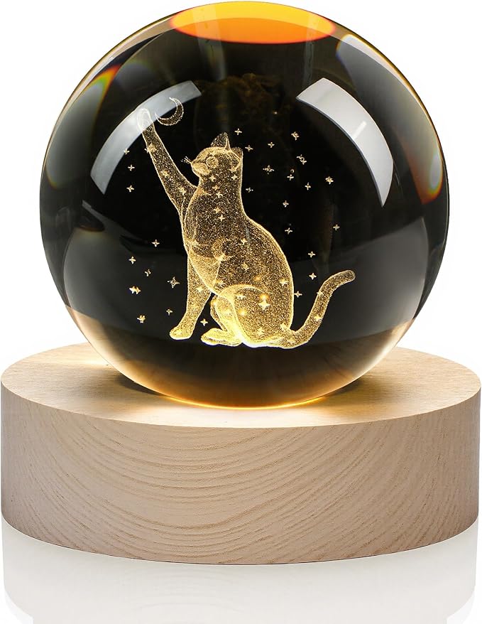 YU FENG 3D Carved Cat Crystal Ball with Light Base for Cat Lovers and Home Decor 2.36 Inch