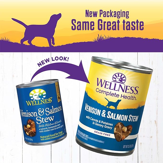 Wellness Complete Health Thick & Chunky Natural Canned Wet Dog Food, Venison & Salmon Stew, 12.5-Ounce Can (Pack of 12)