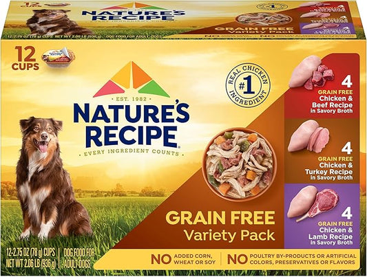 Nature's Recipe Grain Free Wet Dog Food Variety Pack, Chicken & Beef Recipe, Chicken & Turkey Recipe and Chicken & Lamb Recipe in Savory Broth, 12-2.75 oz. Cups, 2 Count