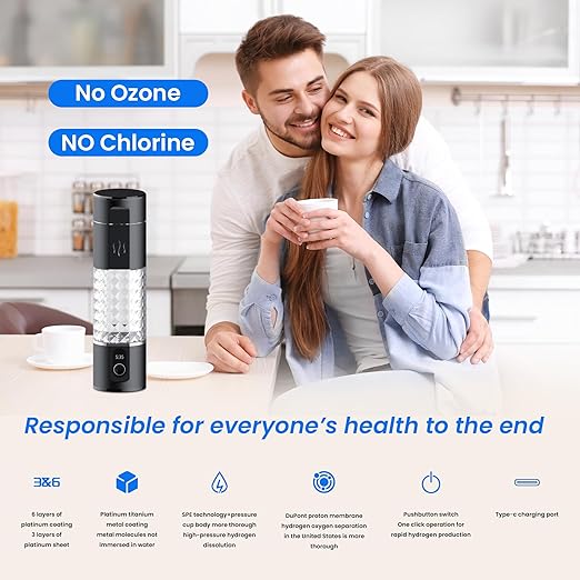 Hydrogen Water Generator, 5000ppb,290ml, Hydrogen Water Bottle, SPE and PEM Technology,Rechargeable Portable Hydrogen Water Machine Generator, 5Min Quick Electrolysis, zbfc3B