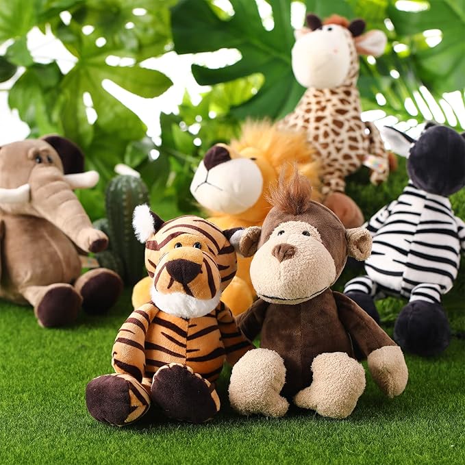 HyDren 12 Pieces Safari Stuffed Animals 11.8 Inch Jungle Animal Toys Set Boys Girls Plush Forest Animals Lion Elephant Zebra Giraffe Tiger Monkey for Zoo Animal Party Teacher Student Award