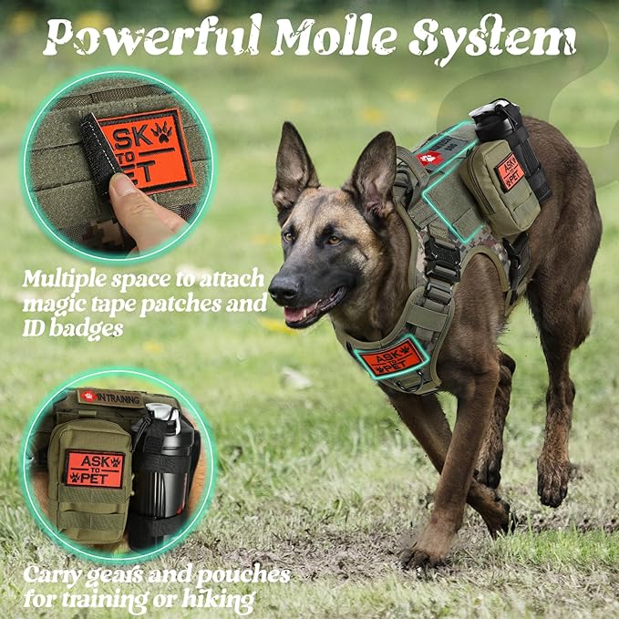 rabbitgoo Tactical Dog Harness for Large, Heavy Duty Pet Harness with Handle, No-Pull Service Vest Large Breed, Adjustable Military Dog Vest for Training Hunting Walking, Green Camo, XL