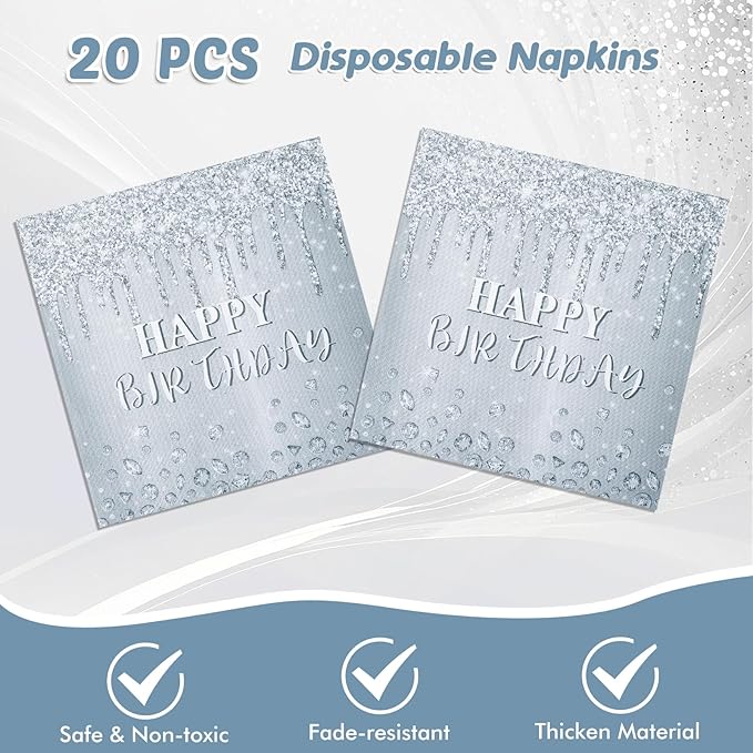 41 Pieces Silver Glitter Tableware Set, Happy Birthday Table Decorations Glitter Diamonds Silver Birthday Theme Dessert Plates Napkins Tablecloth for 20 Guests Silver Glitter Birthday Party Supplies