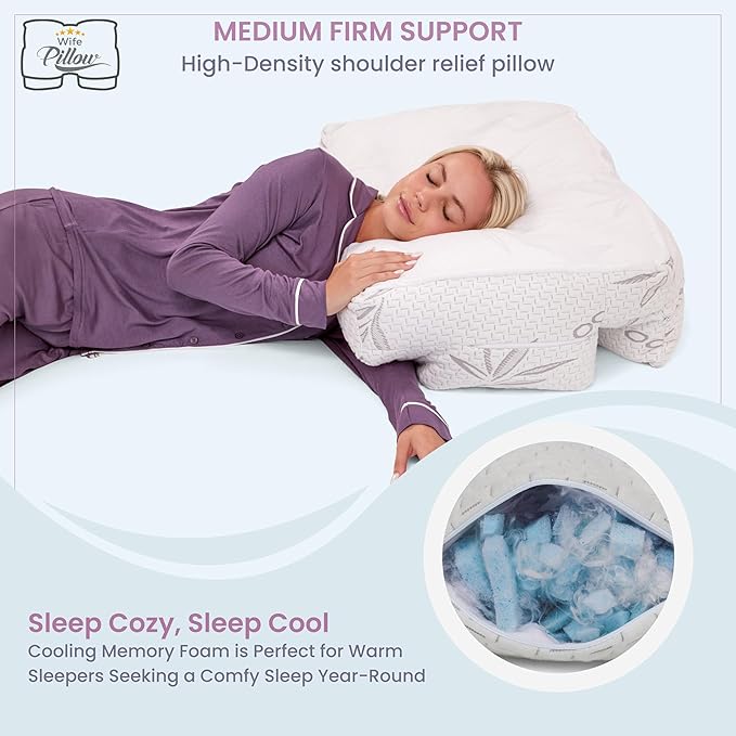 Medium Firm High Density Support. Orthopedic Arm Hole Slots for Relief of Shoulder & Neck Pain. Adjustable for Side, Back, Stomach Sleeper. Rayon Shell/Cooling Shredded Memory Foam