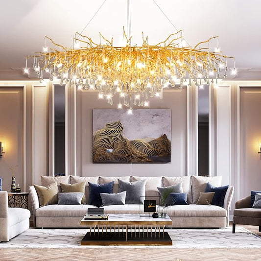 63in Modern Chandeliers, Tree Branch Chandelier Raindrop Crystal Pendant Light Fixtures, Gold Finish Chandeliers Light for Dining Room, Entryway, Living Room, 15-Light