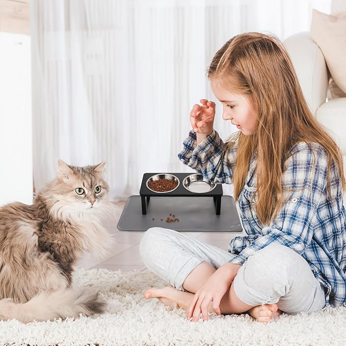 Upgraded Elevated Cat Bowls with Food Mat,15°Tilted Stand Anti Vomiting Raised Cat Dishes for Food and Water,2 Stainless Steel Bowls for Cats and Puppy（Black）