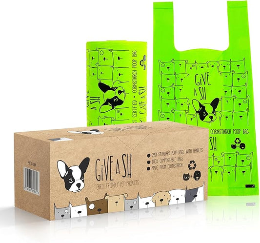 Home Compostable Dog Poop Bags with Handles - 10% to Charity - ASTM D6400 & EN 13432 Compliant - 240 x Large Plant Based Compostable Poop Bags (1 Pantry Roll)