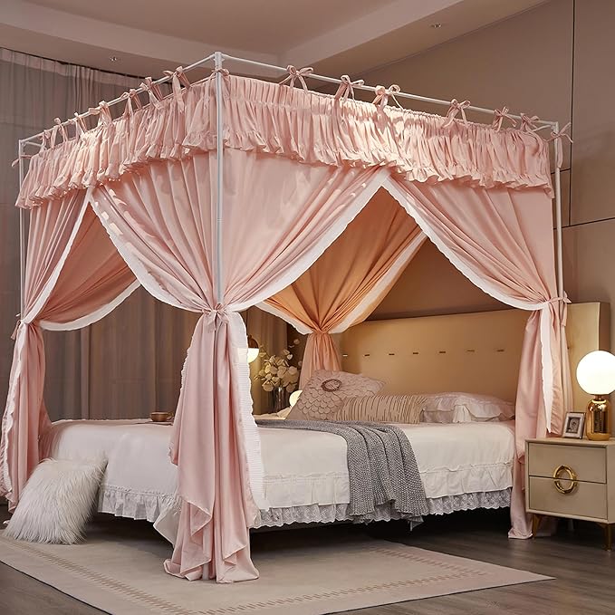 4 Corners Post Princess Ruffle Curtain Bed Canopy Lace Up Elastic Cozy Breathable Tent Mosquito Net for Girls Bedroom Decoration(Pink, 59-64" W*82" L*82" H/Queen)