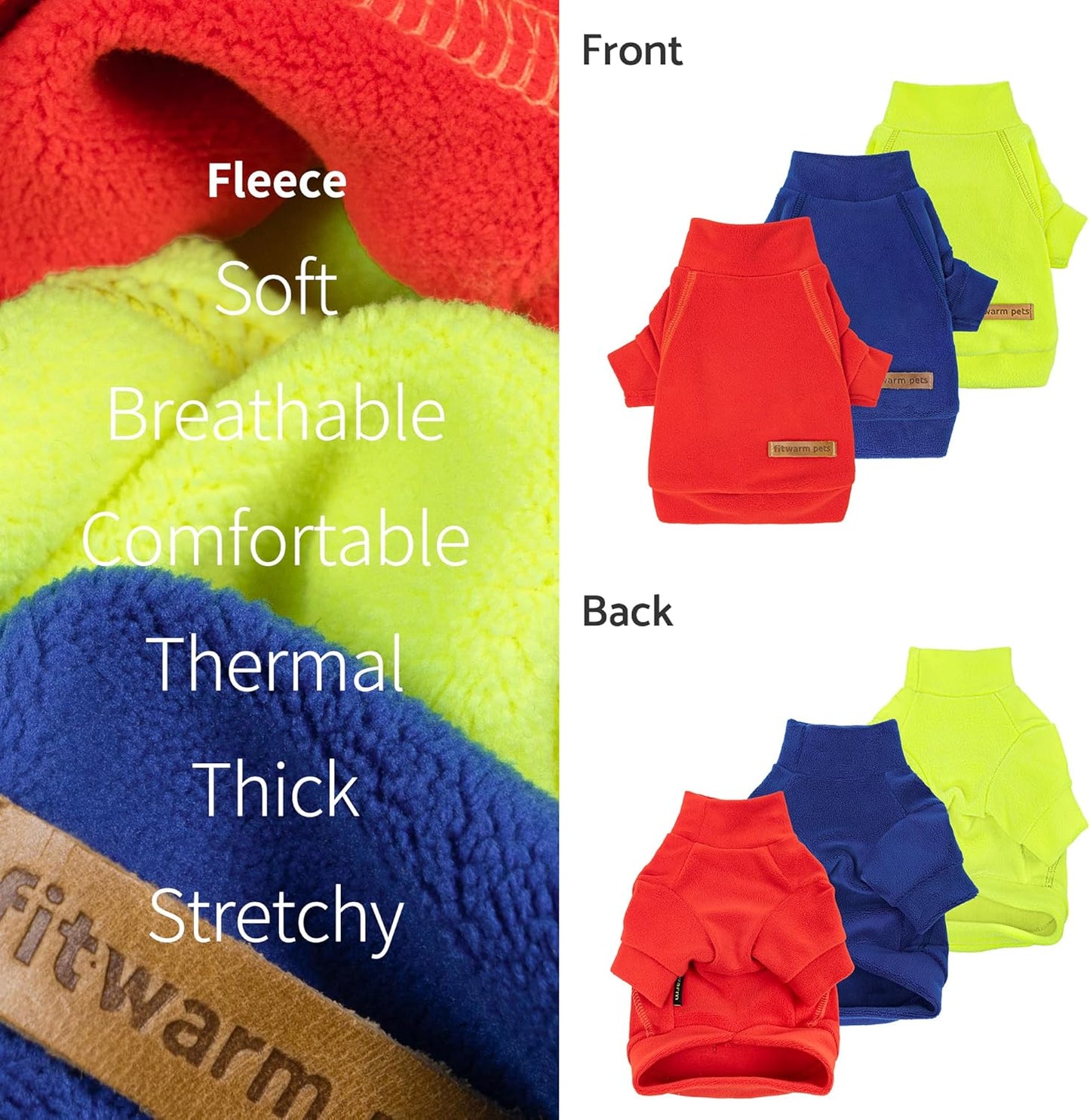 Fitwarm 3 Pack Classic Fleece Dog Sweater, Winter Clothes for Small Dogs Boy Girl, Turtleneck Dog Sweatshirt, Pet Apparel, Orange Red, Royal Blue, Neon Yellow, XS
