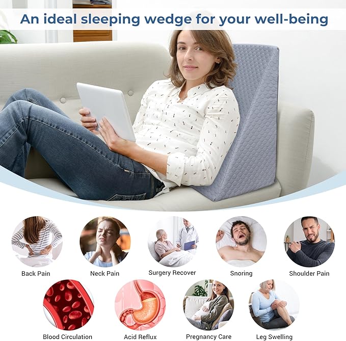 COOLBEBE Bed Wedge Pillow for Sleeping, Elevated Wedge Pillow for Sleep Apnea with Air Layer Washable Cover, 12Inch Foam Wedge Triangle Pillow for Acid Reflux, Gerd, Snoring and After Surgery